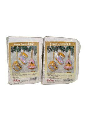 NEW 2 Sunrise Sequin Ornament Kits Victorian Gold Bell Drum Boot 6 Ornaments